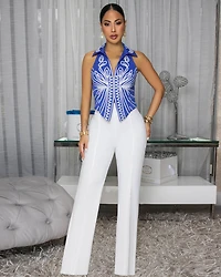 Islane Royal-Blue White Embroidery Top
