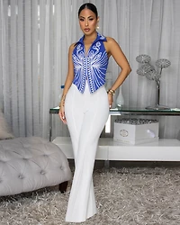 Islane Royal-Blue White Embroidery Top