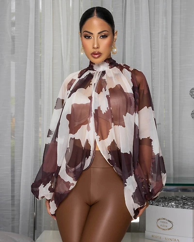 Katana Brown Nude Print Sheer Flowy Top