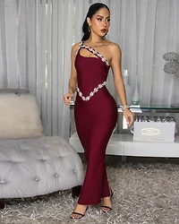 Lizzie Burgundy Rhinestones Bust Trim Bandage Maxi Dress