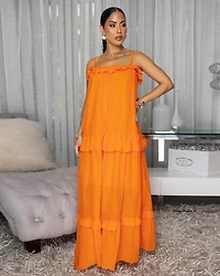 Liline Orange Linen Tiered Maxi Dress