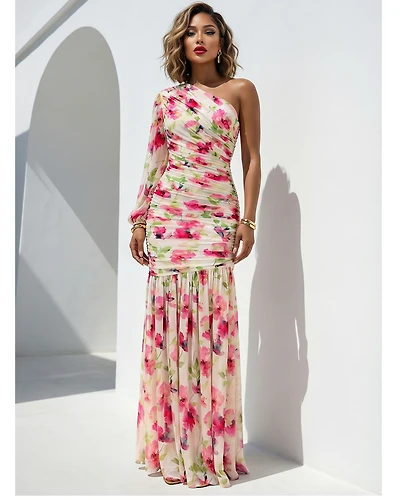 Fayelle Ivory Pink Floral Print Single Sleeve Mesh Maxi Dress