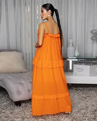 Liline Orange Linen Tiered Maxi Dress