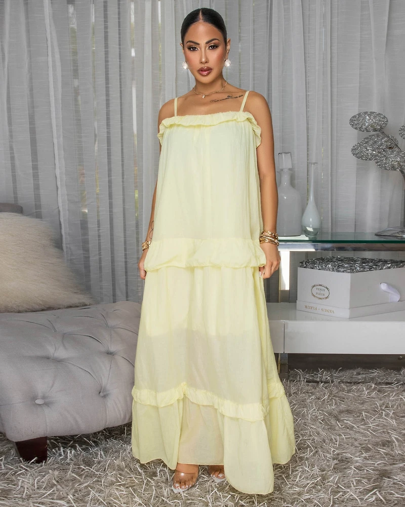 Liline Light Yellow Linen Tiered Maxi Dress
