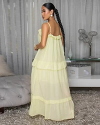 Liline Light Yellow Linen Tiered Maxi Dress