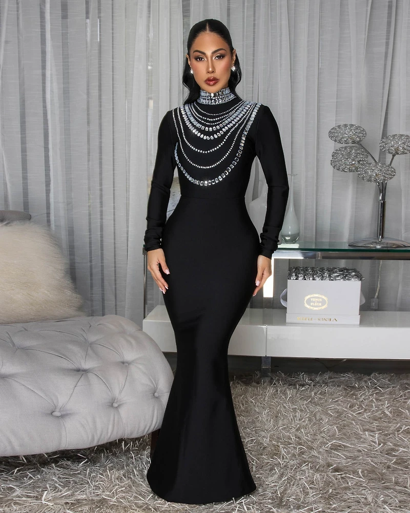 Wallace Black Rhinestones Maxi Bandage Dress