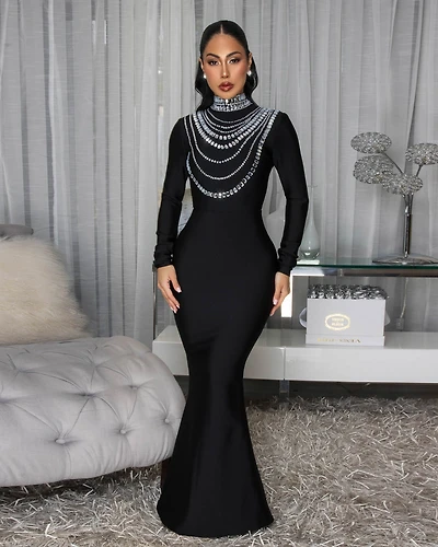 Wallace Black Rhinestones Maxi Bandage Dress