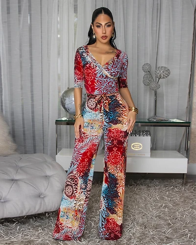Edita Red Blue Multi-Color Print Faux Wrap Jumpsuit