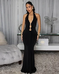 Axelle Black Plunging V Halter Maxi Dress