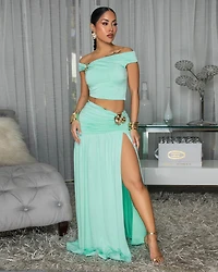 Venezia Mint Gold Broach Top & Maxi Skirt Set