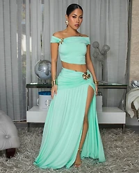 Venezia Mint Gold Broach Top & Maxi Skirt Set