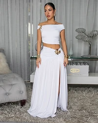 Venezia White Gold Broach Top & Maxi Skirt Set