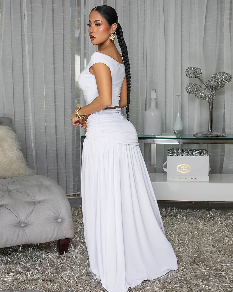 Venezia White Gold Broach Top & Maxi Skirt Set