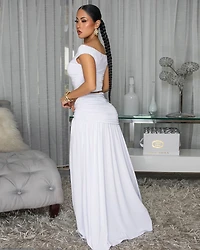 Venezia White Gold Broach Top & Maxi Skirt Set