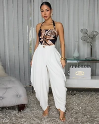 Aloria Black Brown Leaf Print Halter Bodysuit