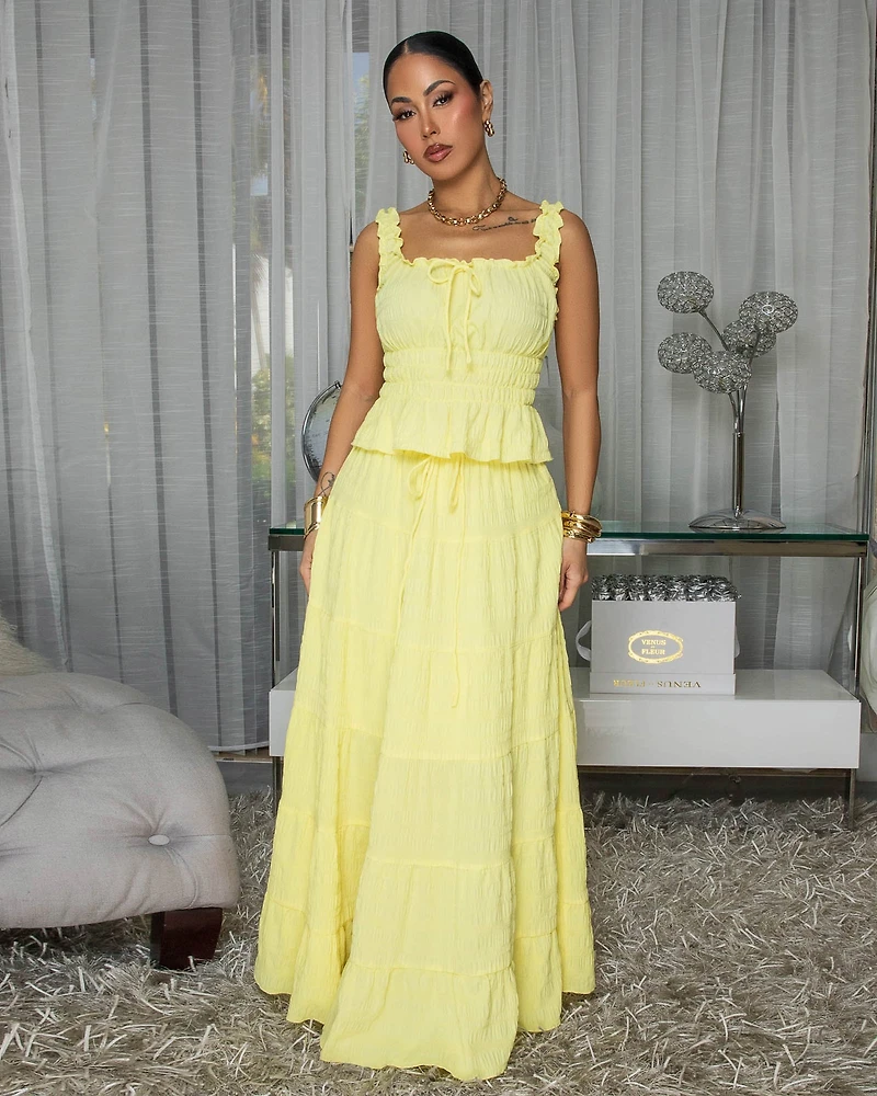 Diossa Yellow Textured Top & Maxi Skirt Set