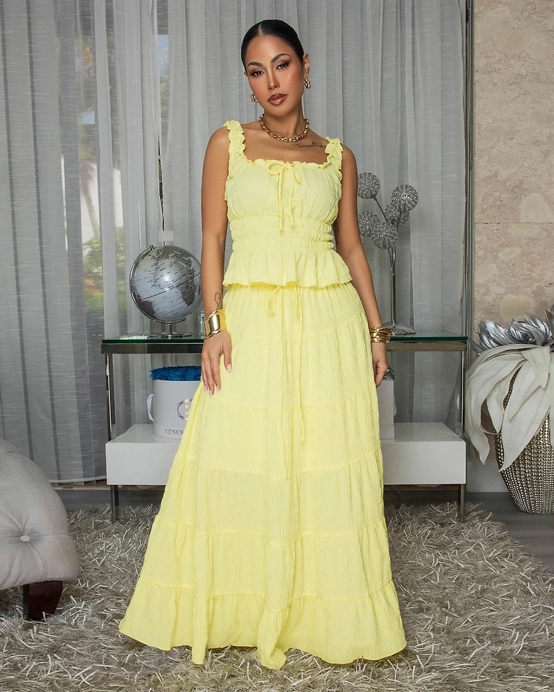 Diossa Yellow Textured Top & Maxi Skirt Set