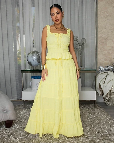 Diossa Yellow Textured Top & Maxi Skirt Set
