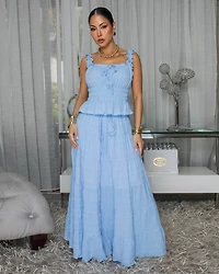 Diossa Baby Blue Textured Top & Maxi Skirt Set