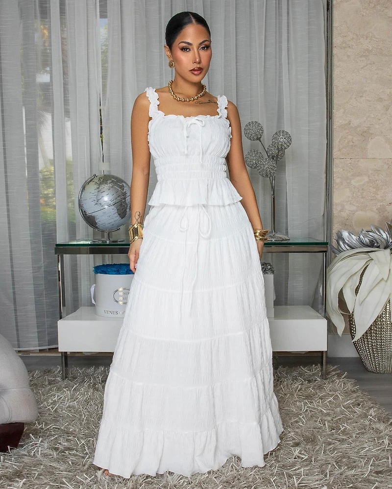 Diossa White Textured Top & Maxi Skirt Set