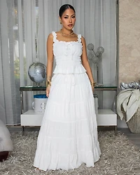 Diossa White Textured Top & Maxi Skirt Set