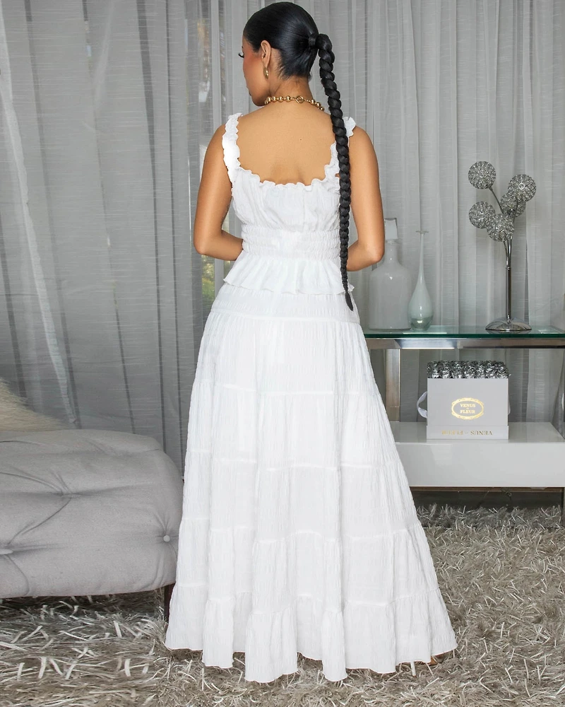 Diossa White Textured Top & Maxi Skirt Set