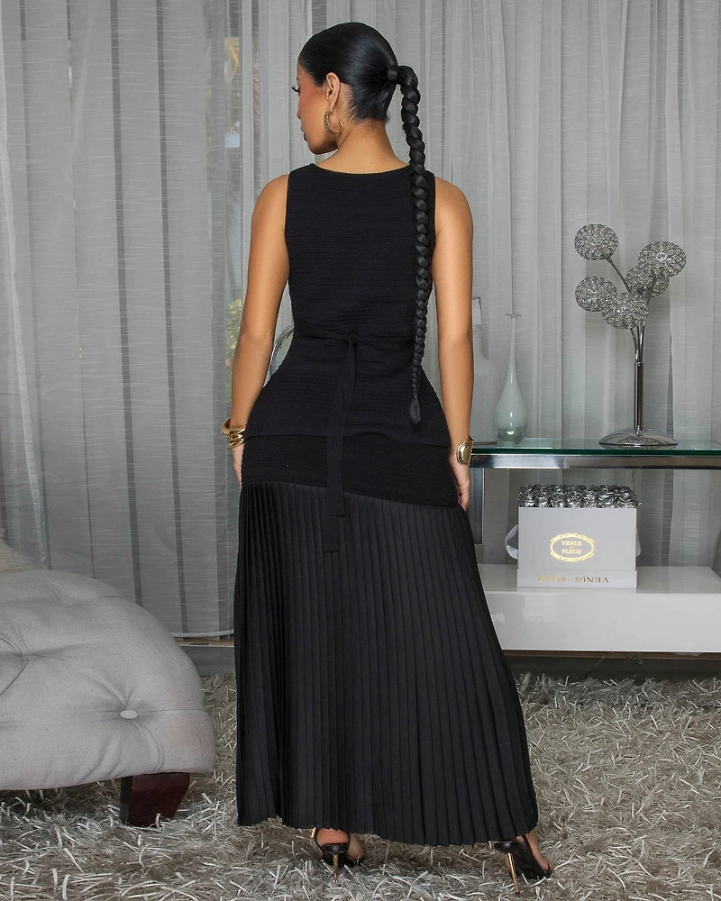 Bernan Black Top & Pleated Maxi Skirt Set