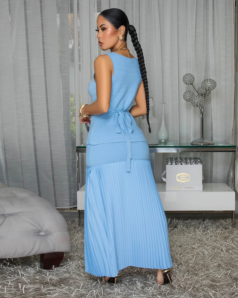 Bernan Blue Top & Pleated Maxi Skirt Set