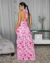 Avielle Pink White Floral Print Mesh Halter Maxi Dress