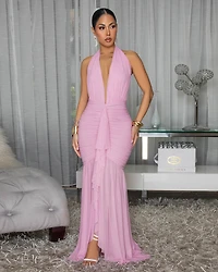 Delina Baby Pink Mesh Halter Maxi Dress