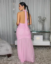 Delina Baby Pink Mesh Halter Maxi Dress