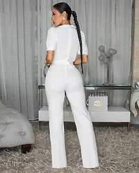 Venice Off-White Pearl  Accent Belted Jumpsuit