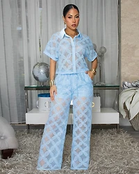 Chloe Blue Crochet Top & Pants Set