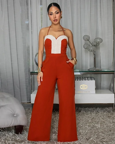 Bianca Rust Orange Nude Rope Design Halter Jumpsuit