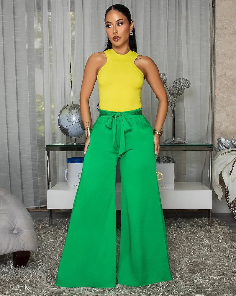 Malienne Kelly Green Belted Silky Pants