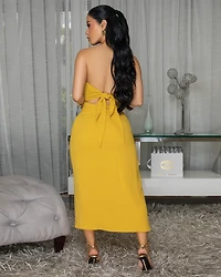Delmare Mustard Yellow Beaded Detail Halter Midi Skirt Set