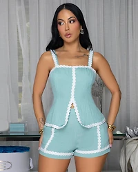 Jenna Mint White Ric-Rac Trim Shorts Set