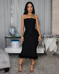 Millie Black Feather Hem Strapless Bandage Dress