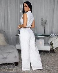 Ifan White Eyelet Belted Jumpsuit