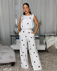 Rivera White Black Polka Dots Top & Pants Set