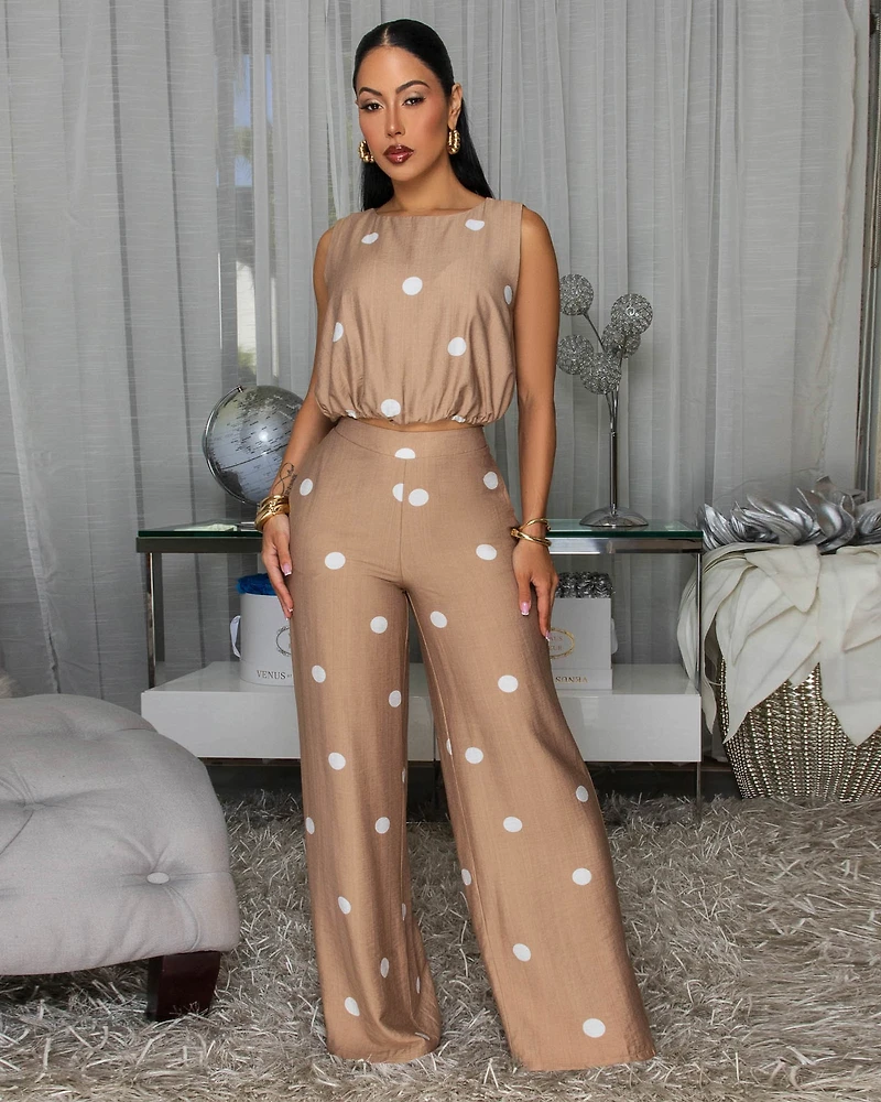Rivera Taupe White Polka Dots Top & Pants Set