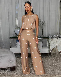 Rivera Taupe White Polka Dots Top & Pants Set