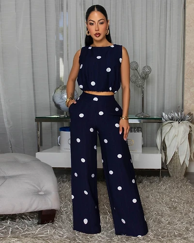 Rivera Navy-Blue White Polka Dots Top & Pants Set