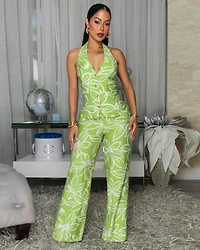 Soren Lime White Print Halter Jumpsuit