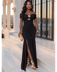 Naimane Black Gold Broach Mesh Maxi Dress
