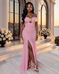 Naimane Baby Pink Gold Broach Mesh Maxi Dress