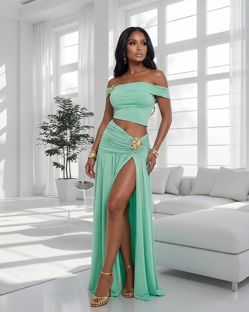 Venezia Mint Gold Broach Top & Maxi Skirt Set