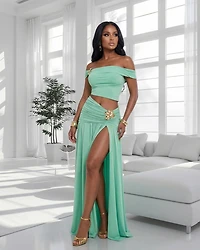 Venezia Mint Gold Broach Top & Maxi Skirt Set
