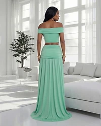 Venezia Mint Gold Broach Top & Maxi Skirt Set
