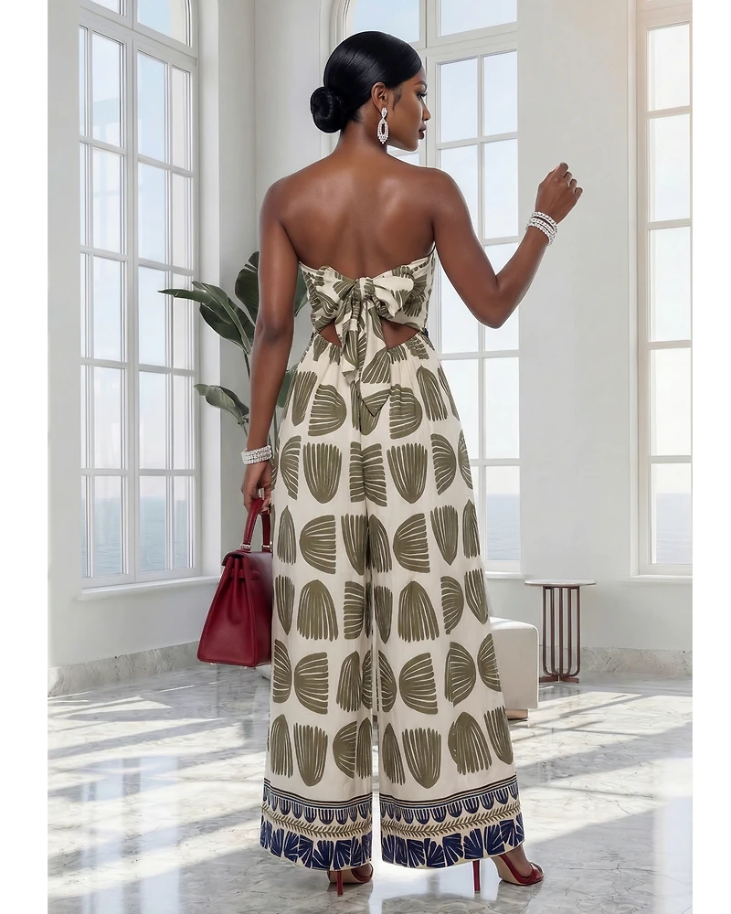 Mitchell Ivory Olive Print Strapless Jumpsuit